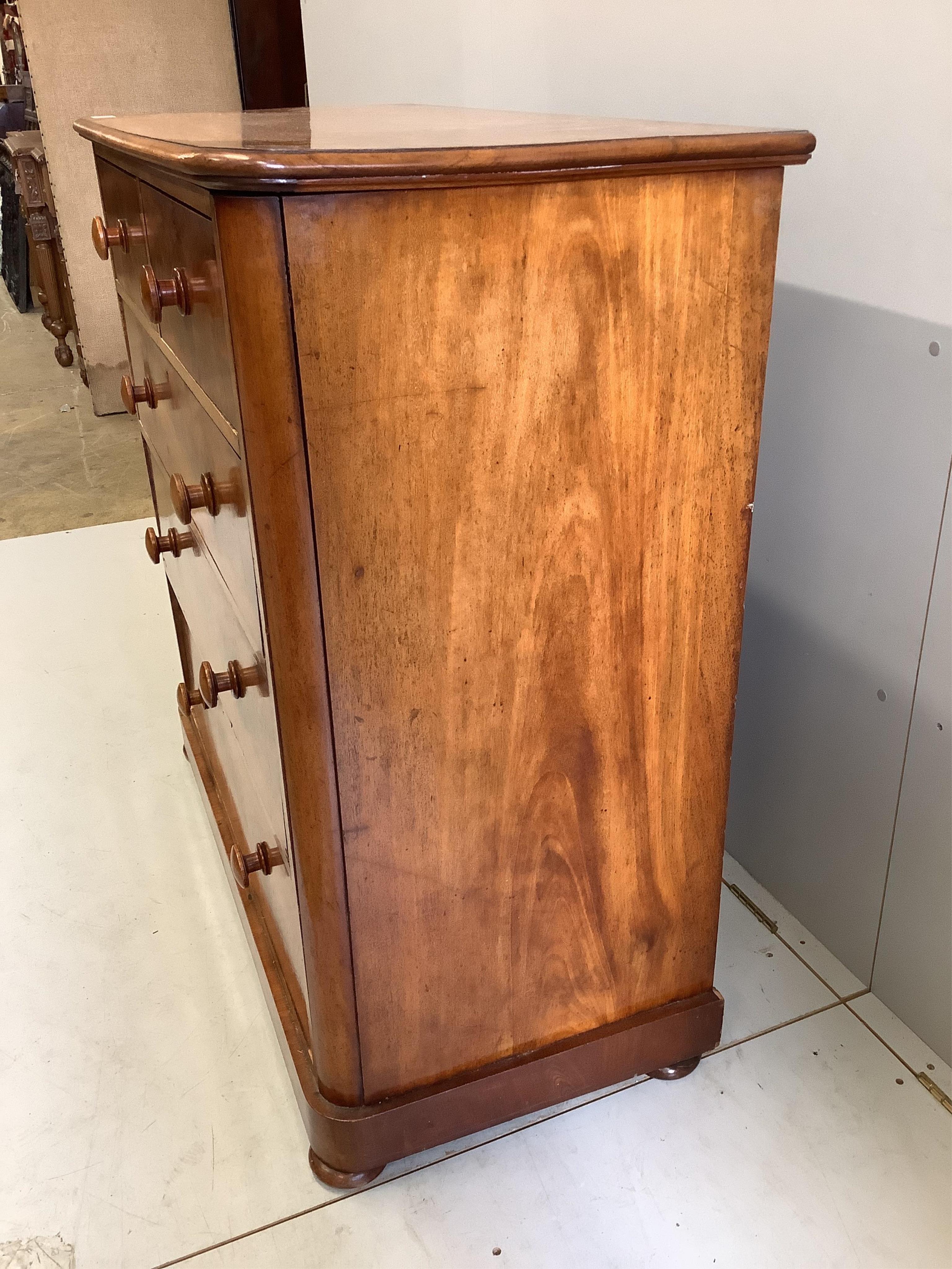 A Victorian mahogany chest of five drawers, width 111cm. depth 55cm, height 113cm. Condition - fair-good